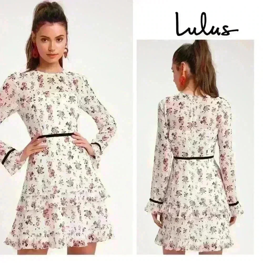 Lulus Floral to See White Floral Print Long Sleeve Mini Dress Short size S